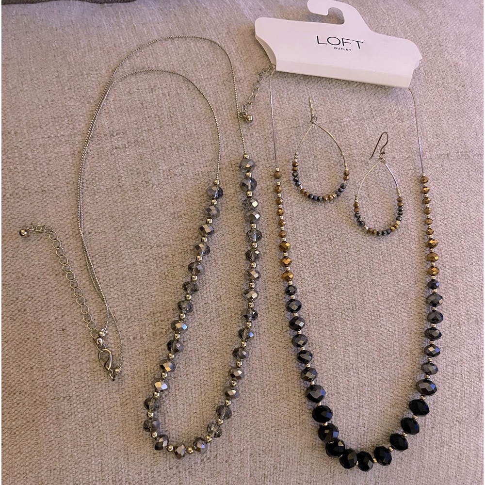 Bundle Beaded Necklace & Teardrop Hoop Earrings‎ Gray Slate Gold Silver